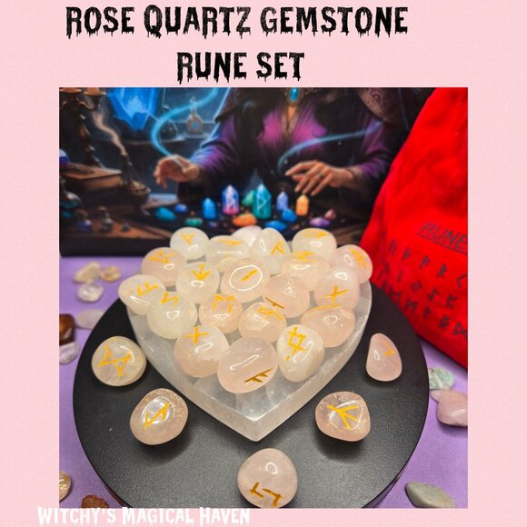 Rose Quartz Gemstone Rune Stone Set - Picture 1 of 5
